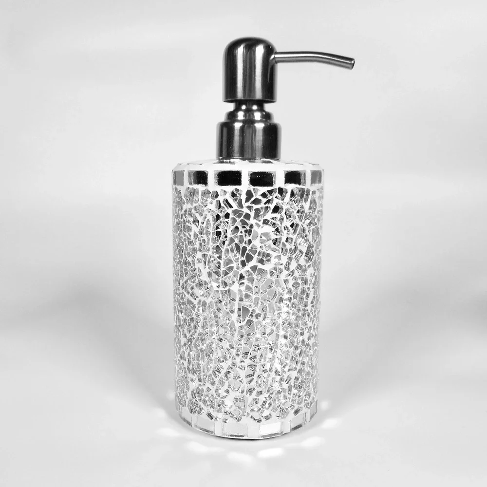 4 pc Mosiac Silver Mirror Glass Soap Dispenser Dish Jar Toothbrush Holder Bling